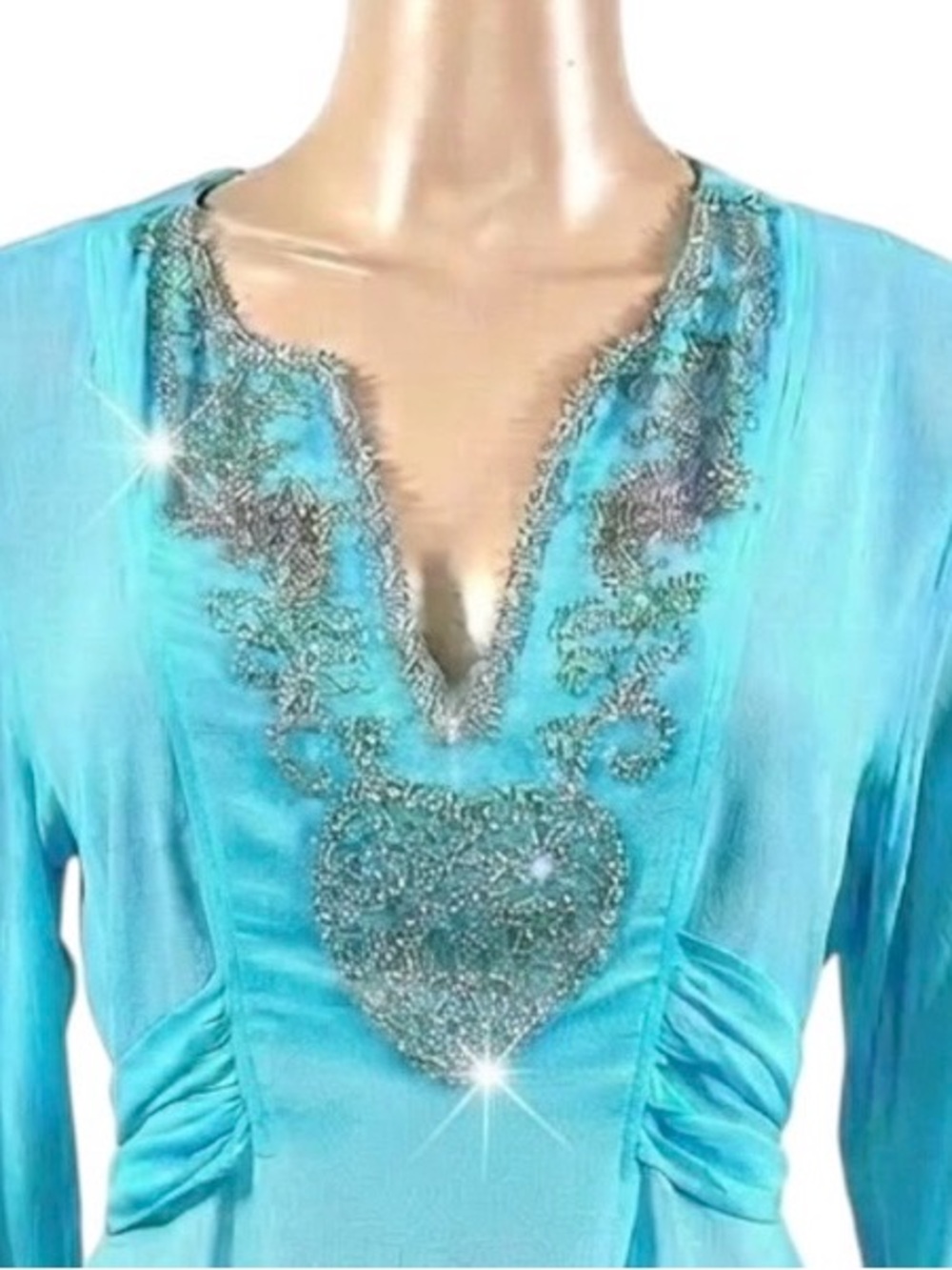 Vintage YAE Saint-Tropez sheer turquoise tunic cover-up blouse built-in tie Sz M - Picture 3 of 13